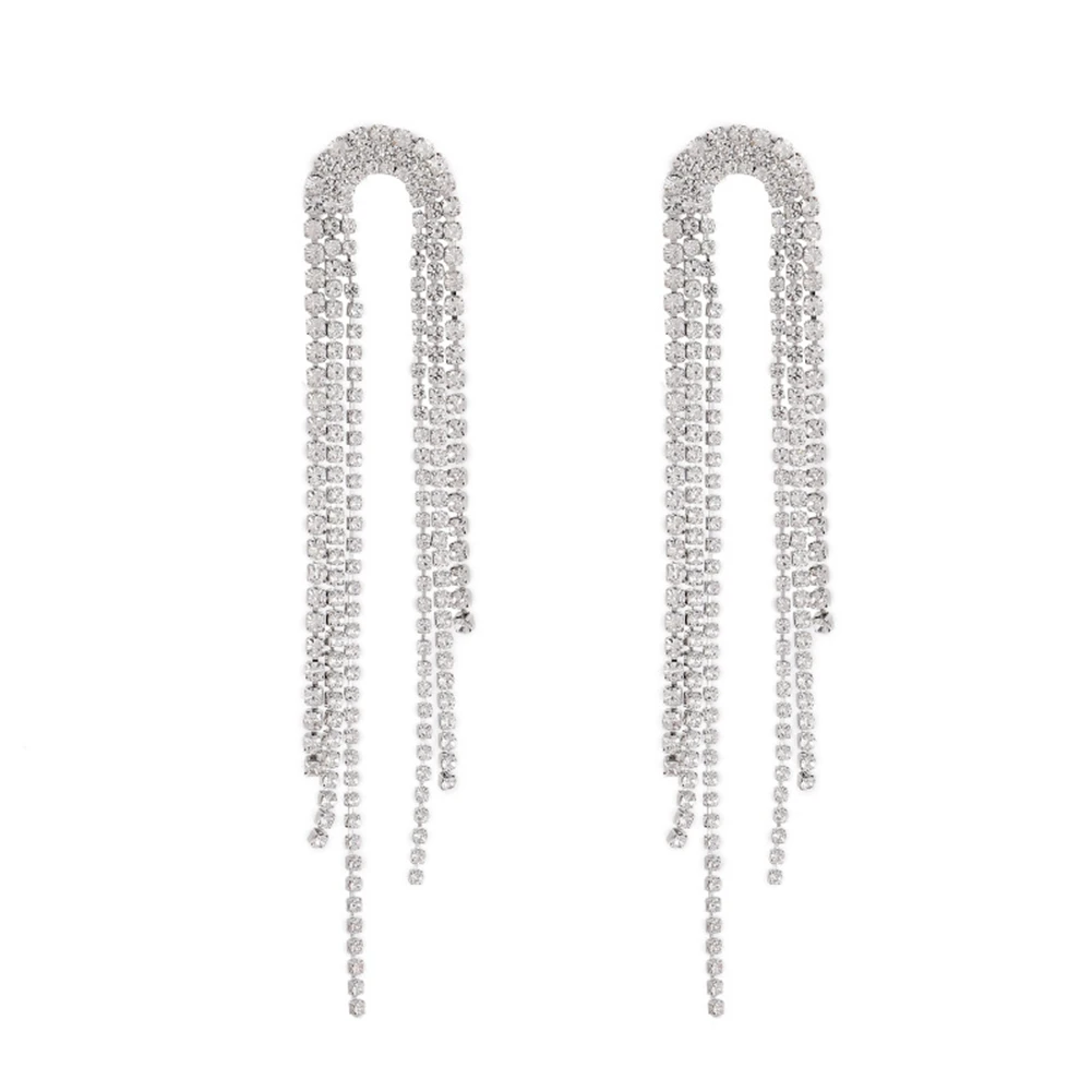 Hot sale Fashion Long Tassel Crystal Drop Earrings for Women Geometric Full Rhinestone Earrings Statement Jewelry (Silver Color)