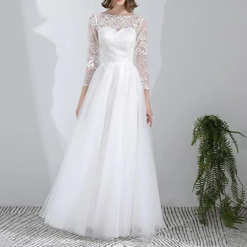 New Tulle Wedding Dresses Classic O-neck Bridal Dress With Lace Illusion Sleeve Elegant Simple Long A Line Sukienka Na Wesele