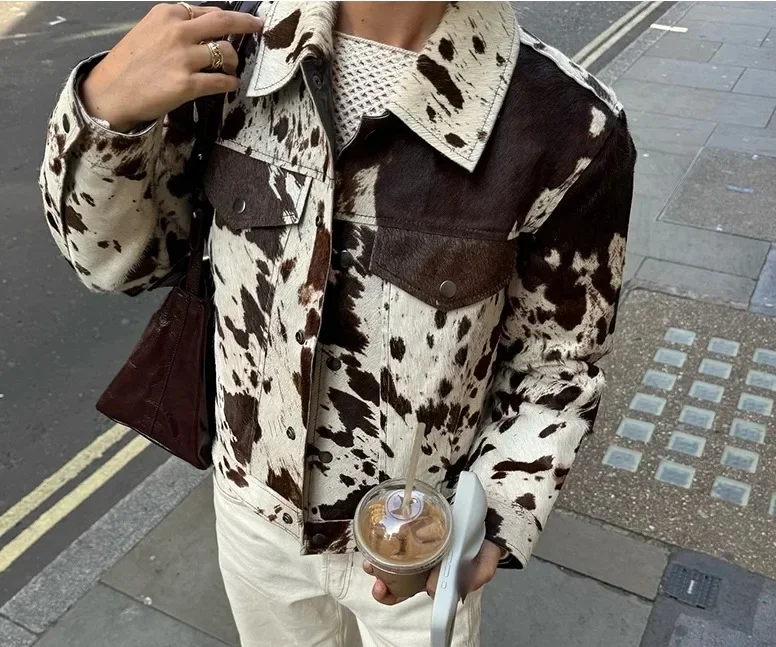 Mode Revers Gedruckt Jacke Mantel Weibliche Lange Hülse Casual Splice frauen Outwear High Street 2025 Dame Pendler Streetwear