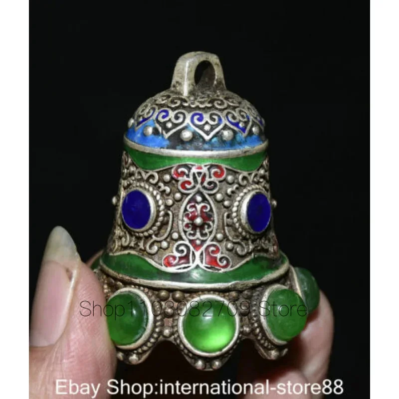 2 Inch Vintage Chinese Silver Inlaid Cloisonne Green Gem Clock Necklace Pendant