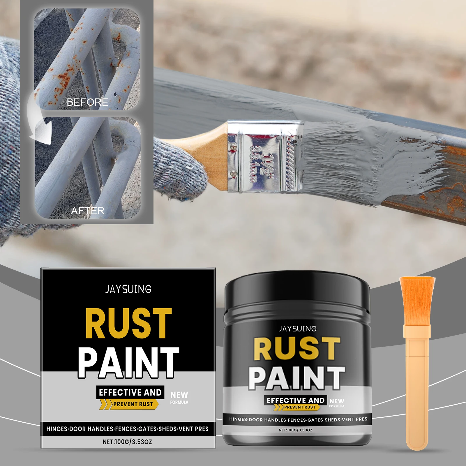Grey Anti-Rust Paint for Metal Water-Based Weatherproof Rust Reformer Protective Metal Paint with Brush for Home Gate Fence