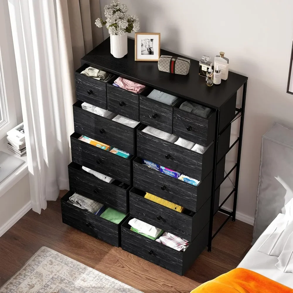 Black Dresser for Bedroom with 12 Drawers, Bedroom Dresser with Wooden Top and Metal Frame, Tall Dressers & Chests of Drawers