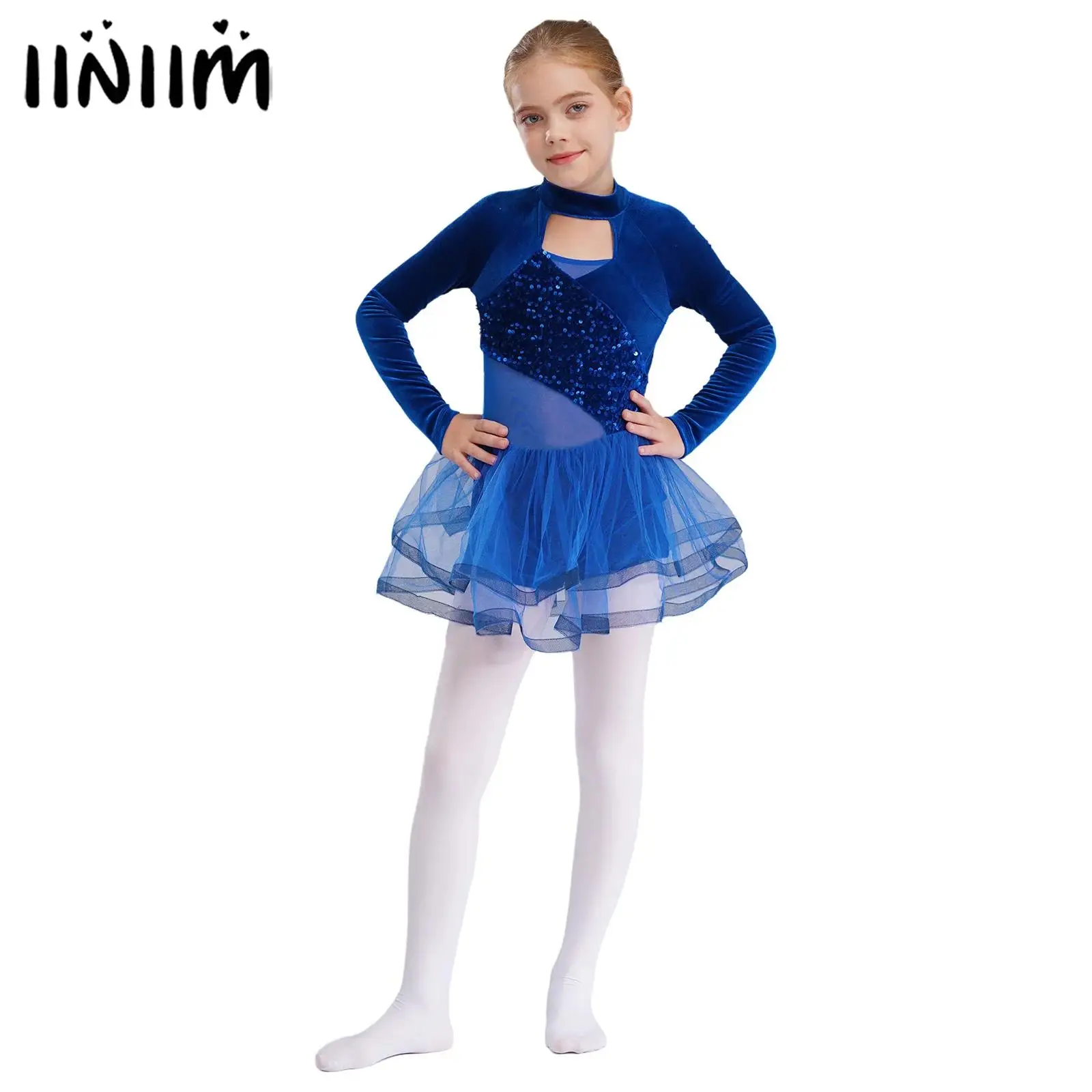 Kids Girls Sparkling Sequins Ballet Lyrical Dance Dresses Long Sleeve Gymnastics Skating Costume Cutout Velvet Ballet Tutu Dress