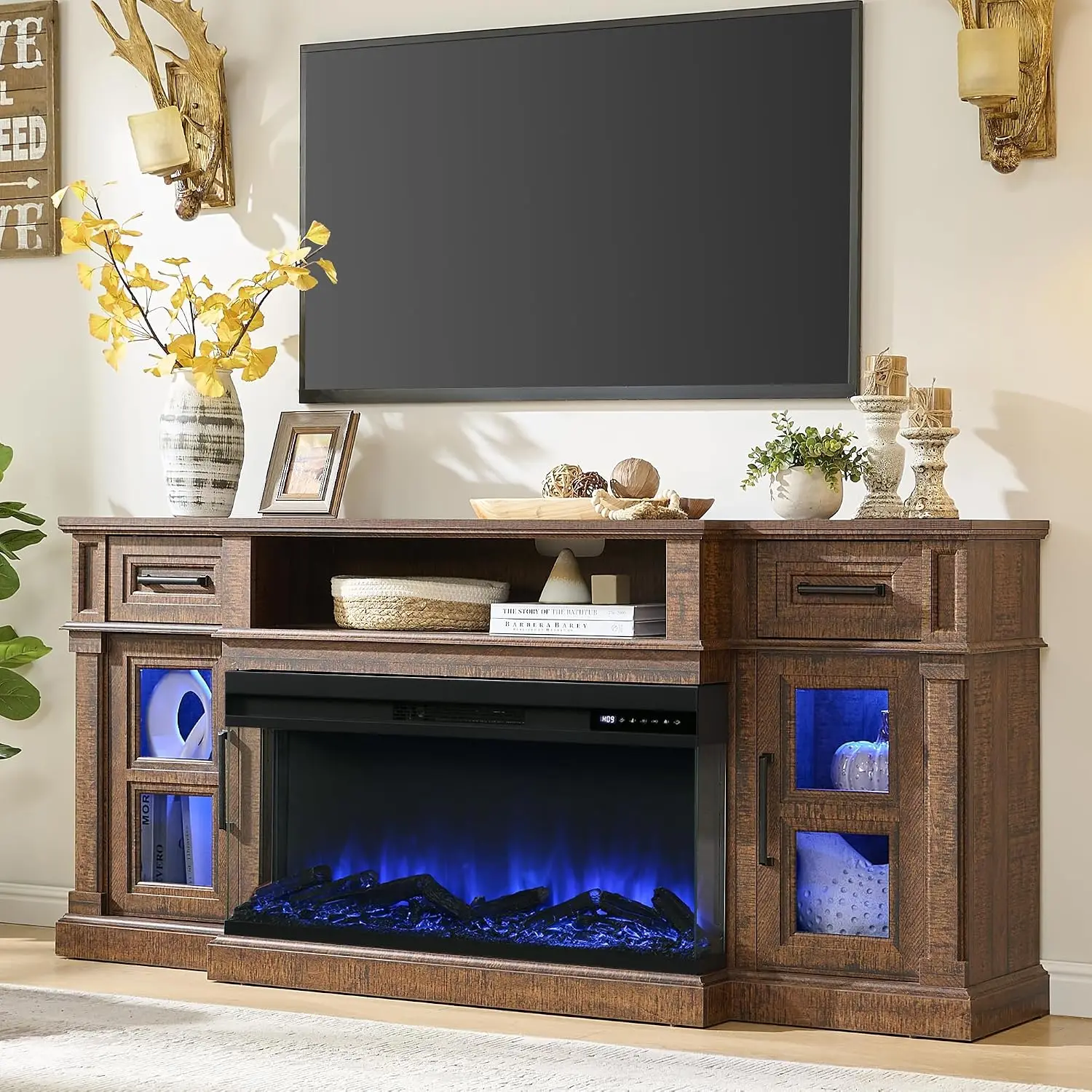 3-Side Fireplace TV Stand 80 Inch LED Entertainment Center 36 Inch Electric Fireplace Console w/Drawers Living Room, Customized