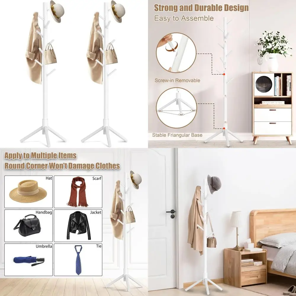 

8-Hook Wooden Coat Rack Stand, Adjustable Tree for Hats, Coats, and Accessories, Ideal for Home or Office Entryway (White, Set o