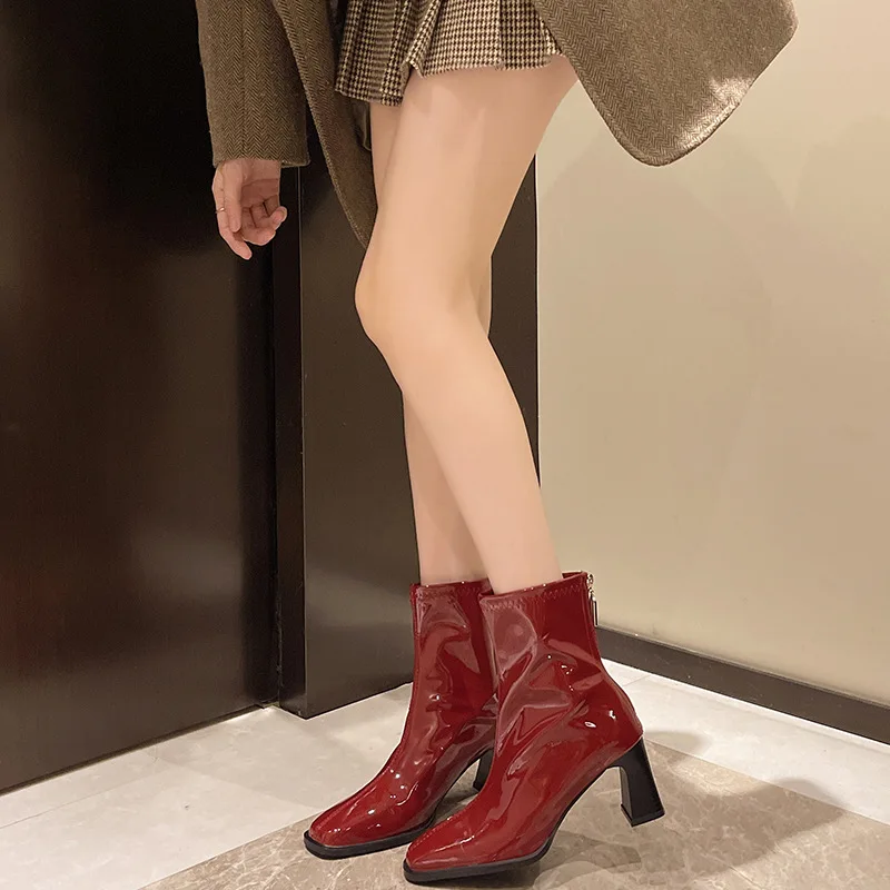 Bottes mi-mollet en caoutchouc avec fermeture éclair pour femme, chaussures d'hiver, designer de luxe, talon haut, mode femme, 2024