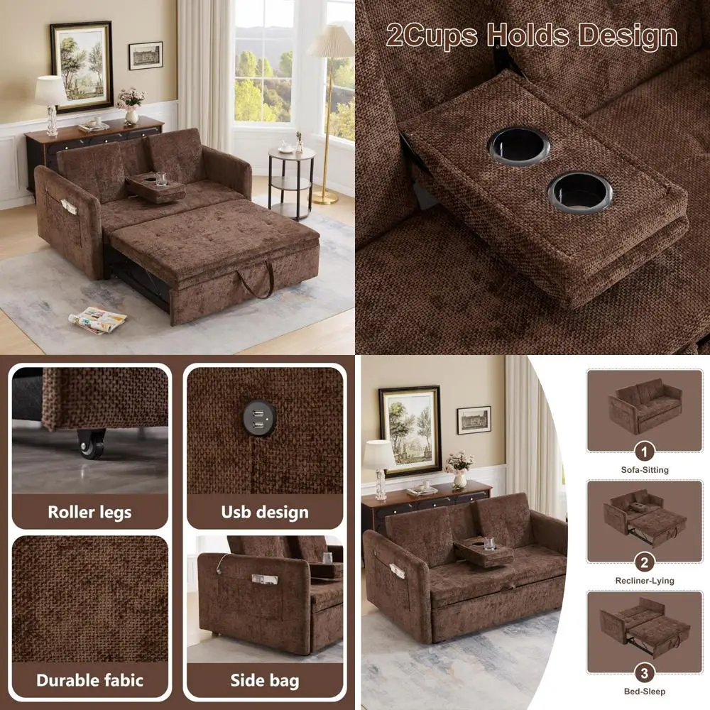 Convertible Brown Sofa Bed with Cup Holders, Pull-Out Sleeper, USB Ports for Living Rooms, Bedrooms, and RVs