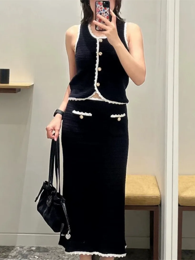 High-End Version Knitted round Neck Sleeveless Top And Straight Skirt Set Fashionable Color Block Hollow out Design Women's O...