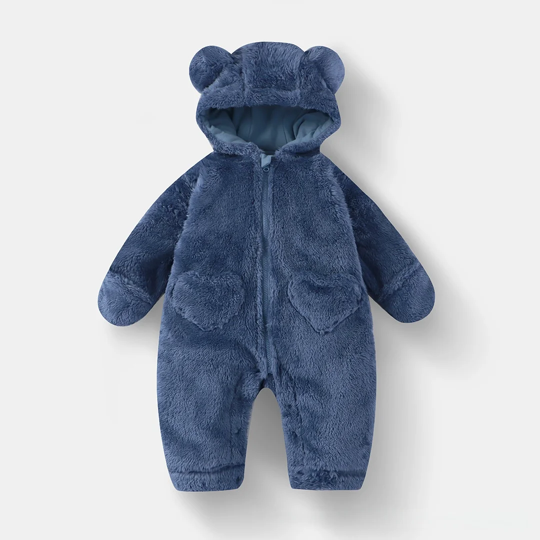 

0-12M Baby Boys Girls Bear Ear Hooded Plush Romper 2025 Baby Clothes Fleece Material Zipper Closure Winter Warm Casual Jumpsuit