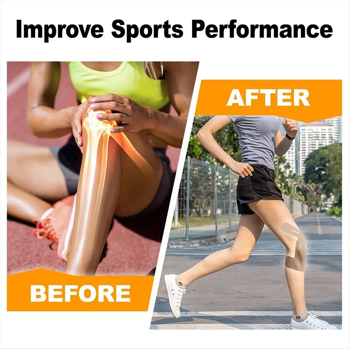 Fita de joelho pré-cortada para cinesiologia, fita impermeável para joelho para esportes, alívio da dor no joelho, suporte de longa duração, fita atlética com 10 peças