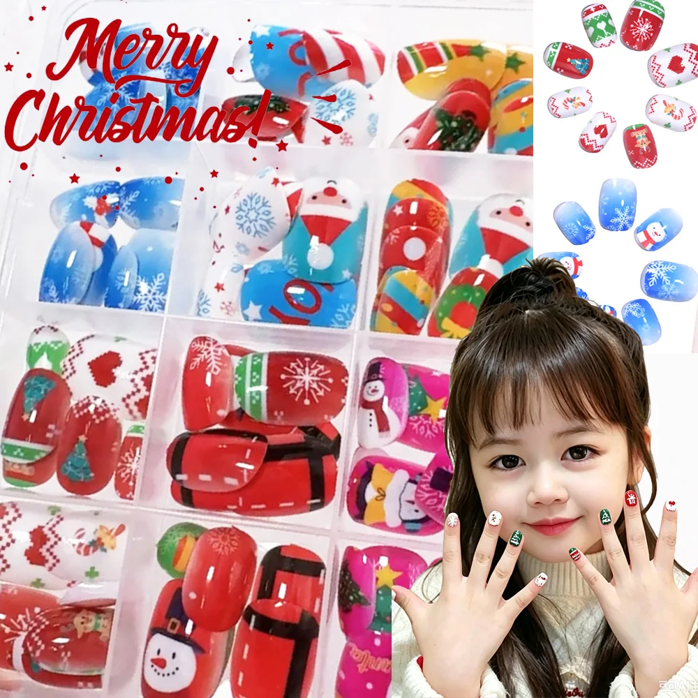 120/144pcs Christmas Girl Fake Nails Red/Blue Square Round Press On Nails With Cartoon Snowman/Snowflake Xmas Girl Manicure Tips