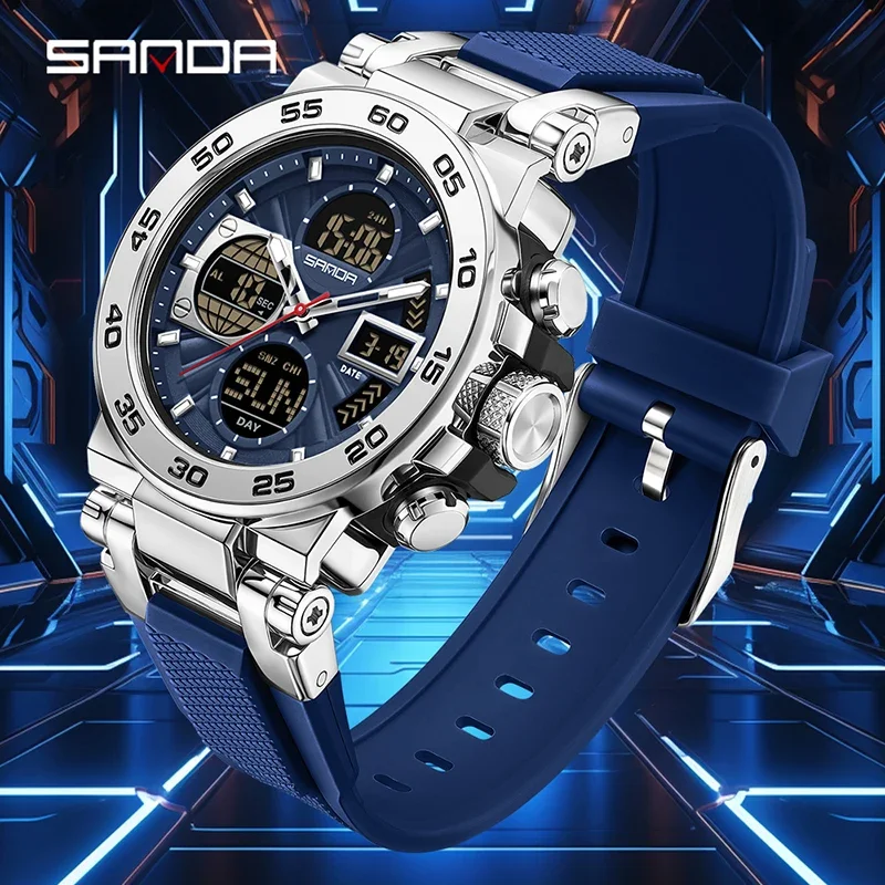 SANDA موضة جديدة متعددة الوظائف ساعة مضيئة شاشة مزدوجة الرياضة في الهواء الطلق 50 متر مقاوم للماء ساعة كوارتز إلكترونية للرجال montre