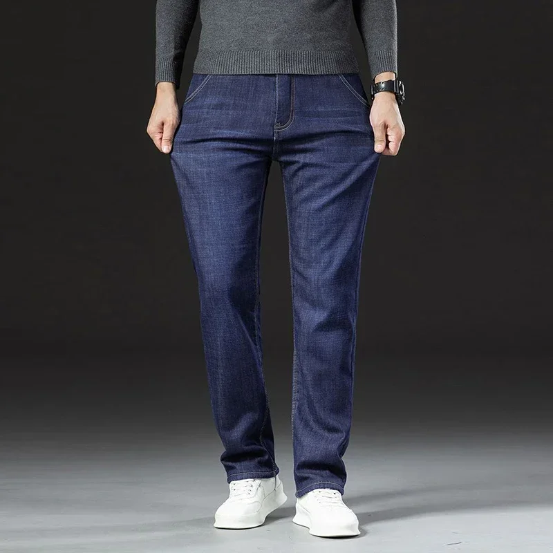 الرجال الشتاء صوف مبطن سميكة الدافئة الجينز الذكور موضة فضفاضة مستقيم سليم صالح الدينيم السراويل الذكية عادية مريحة بنطلون #2