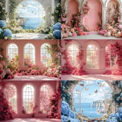 Pink Red Rose Flowers Theme Window Sunshine Wedding Portrait Photography Background Spring Arch Child Girl Birthday Party Decor