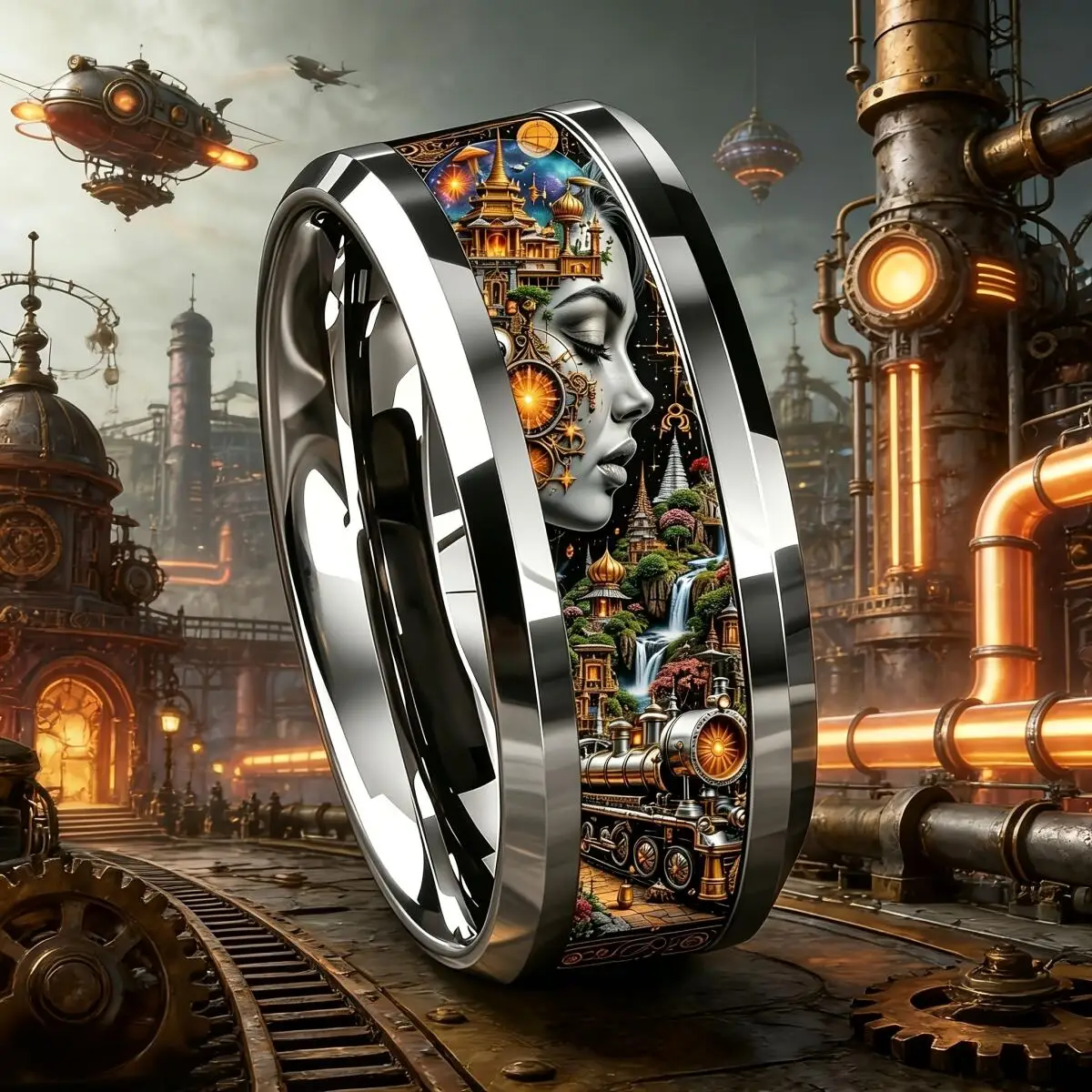 Vintage Steampunk Lady Portrait Steam Train Airship Gear Inlay Stainless Steel Rings For Men Fantasy Industrial Style Jewelry