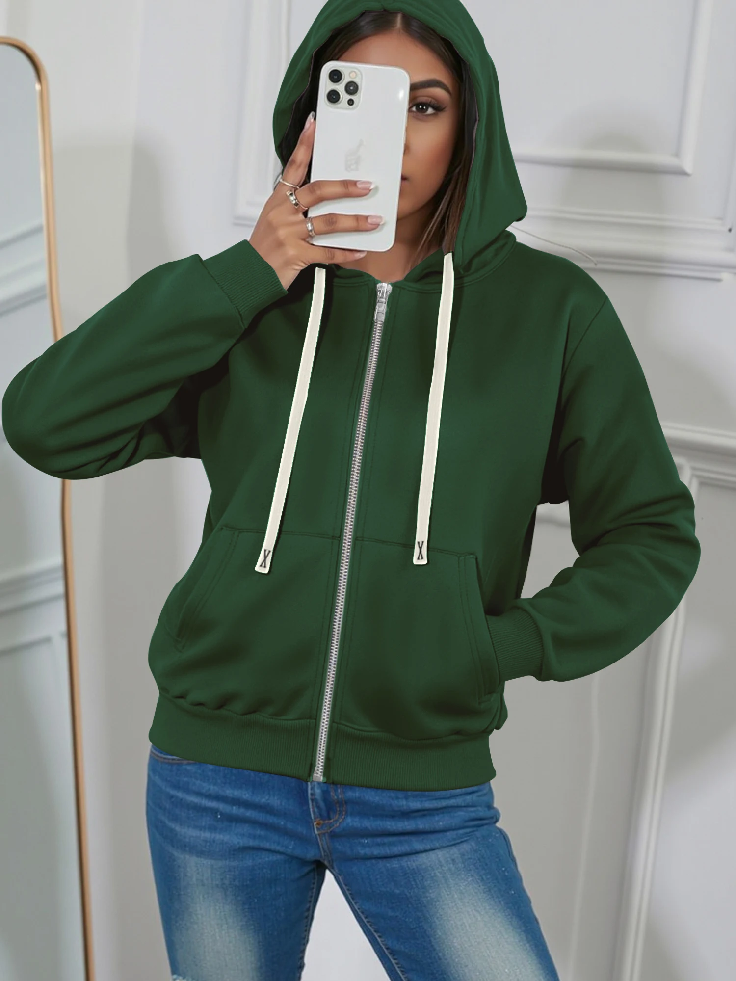 

Athletic Cropped Hooded Jacket, Full Zip Drawstring Sweatshirt for Gym & Campus Wear
