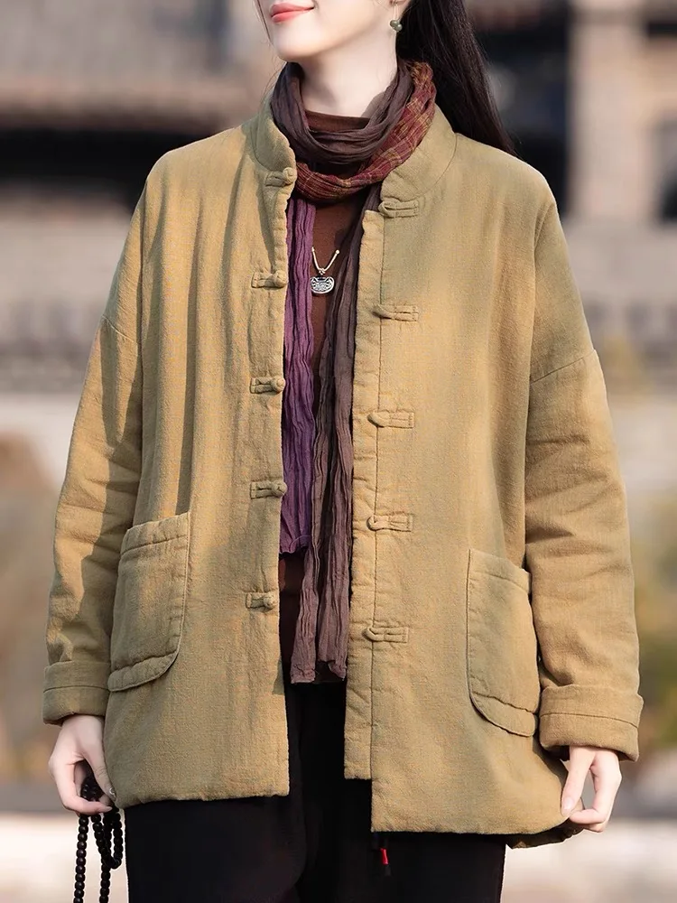 

Thiened Cotton Linen Chinese Sle Buttoned Coat Women's Winter Retro Cotton Jaet Buddhist Tea Costume Outerwear