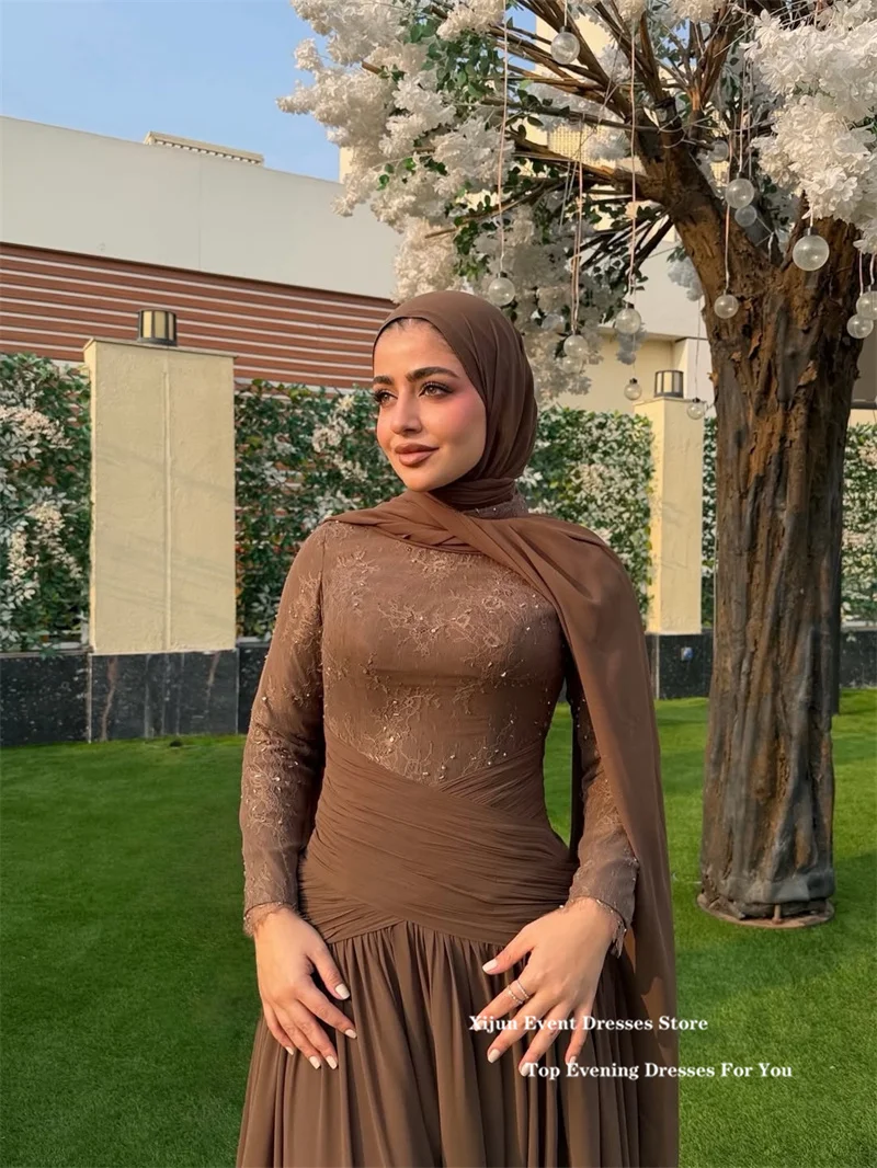 Xijun Modest Brown Long Evening Dresses Lace Full Sleeves A-Line Prom Dresses O-Neck Pleated Formal Dubai Prom Gowns Customized