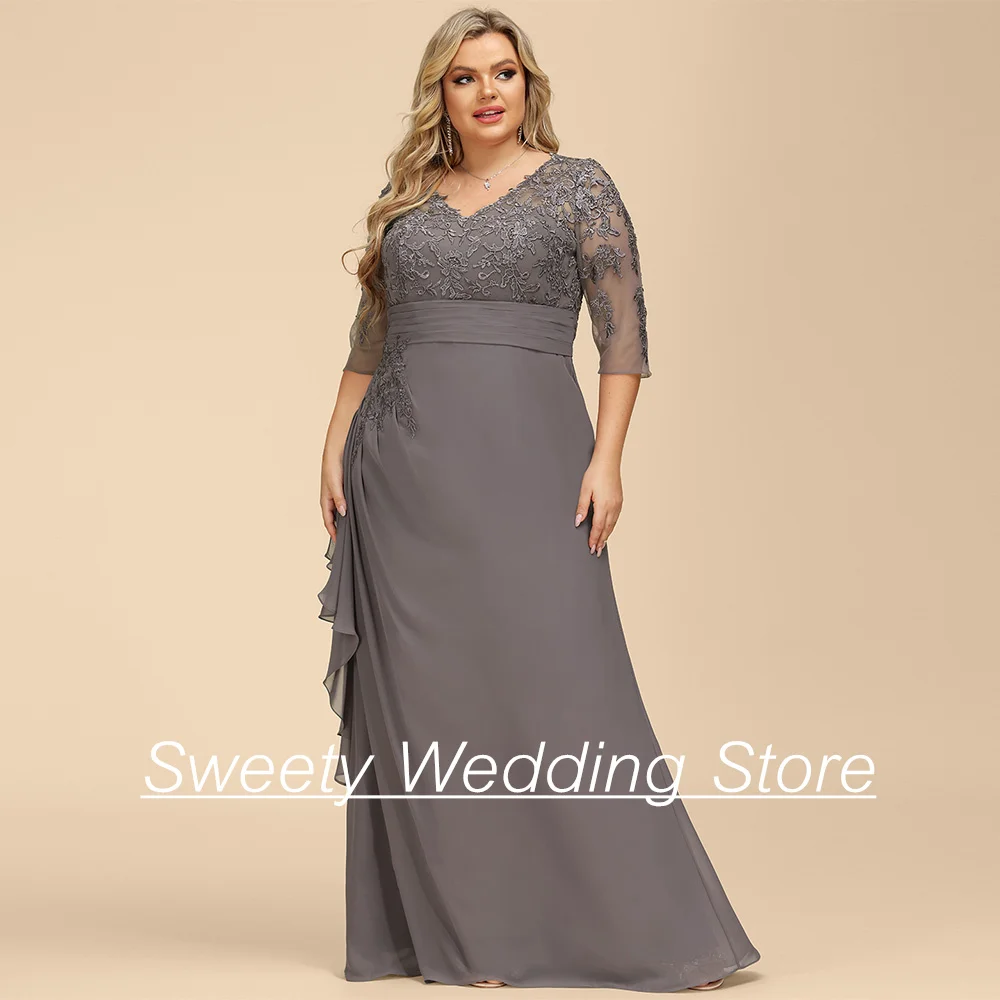 

Plus Size Mother of The Bride Dress V Neck 3/4 Sleeves Beading Applique Chiffon A Line Wedding Guest Gown Mom Evening Dresses