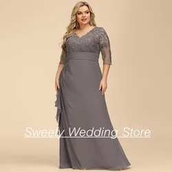 Plus Size Mother of The Bride Dress V Neck 3/4 Sleeves Beading Applique Chiffon A Line Wedding Guest Gown Mom Evening Dresses