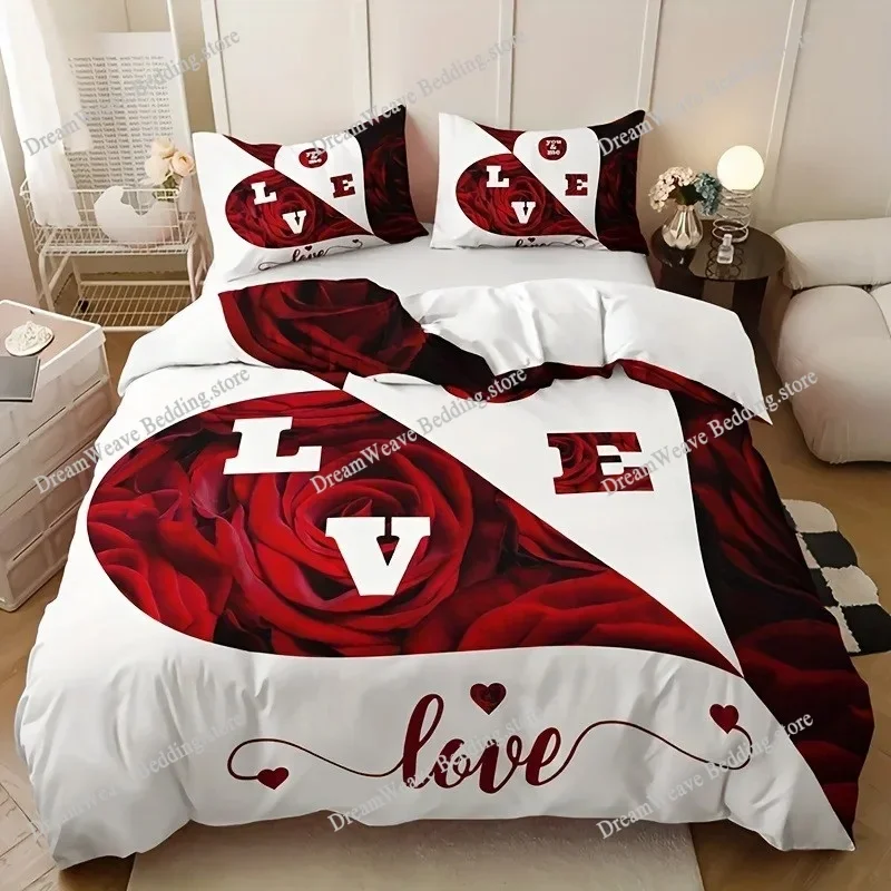 Red Rose Duvet Cover Set King Size, Red and White Comforter Cover Sets with Zipper Closure, Romantic Hearts Lover Bedding Set