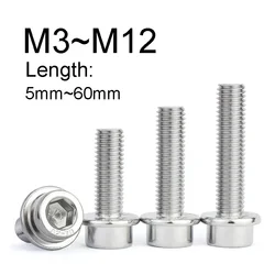 1~30PCS 304 Stainless Steel Flange Socket Head Hex Screws M3M4M5 M6 M8 M10 M12 Round Hexagon Socket Flange Serrated Washer Bolts