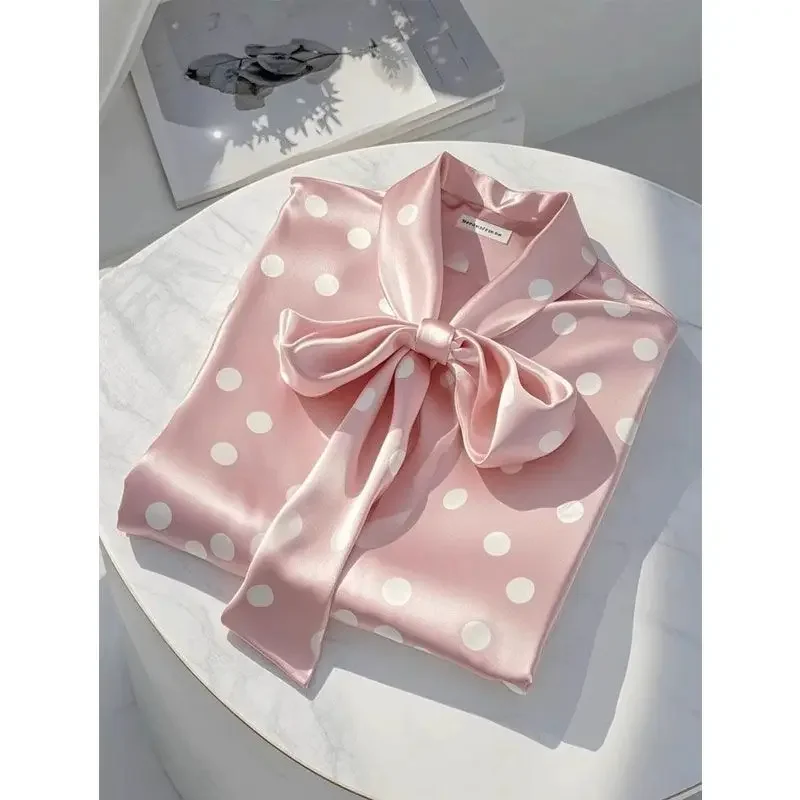 

Korean High Quality Satin Polka Dot Print Shirt Women Office Lady Business Casual Chic Blouse Lace-up Bow Long Sleeve Loose Top