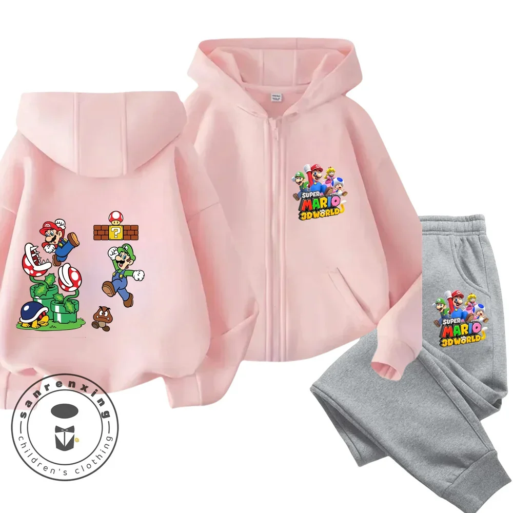سوبر ماريوس قلنسوة بسحاب مجموعة للفتيات الملابس هوديي السراويل قطعتين الفتيان البلوز دعوى 2-13 سنة الأطفال هوديس #2