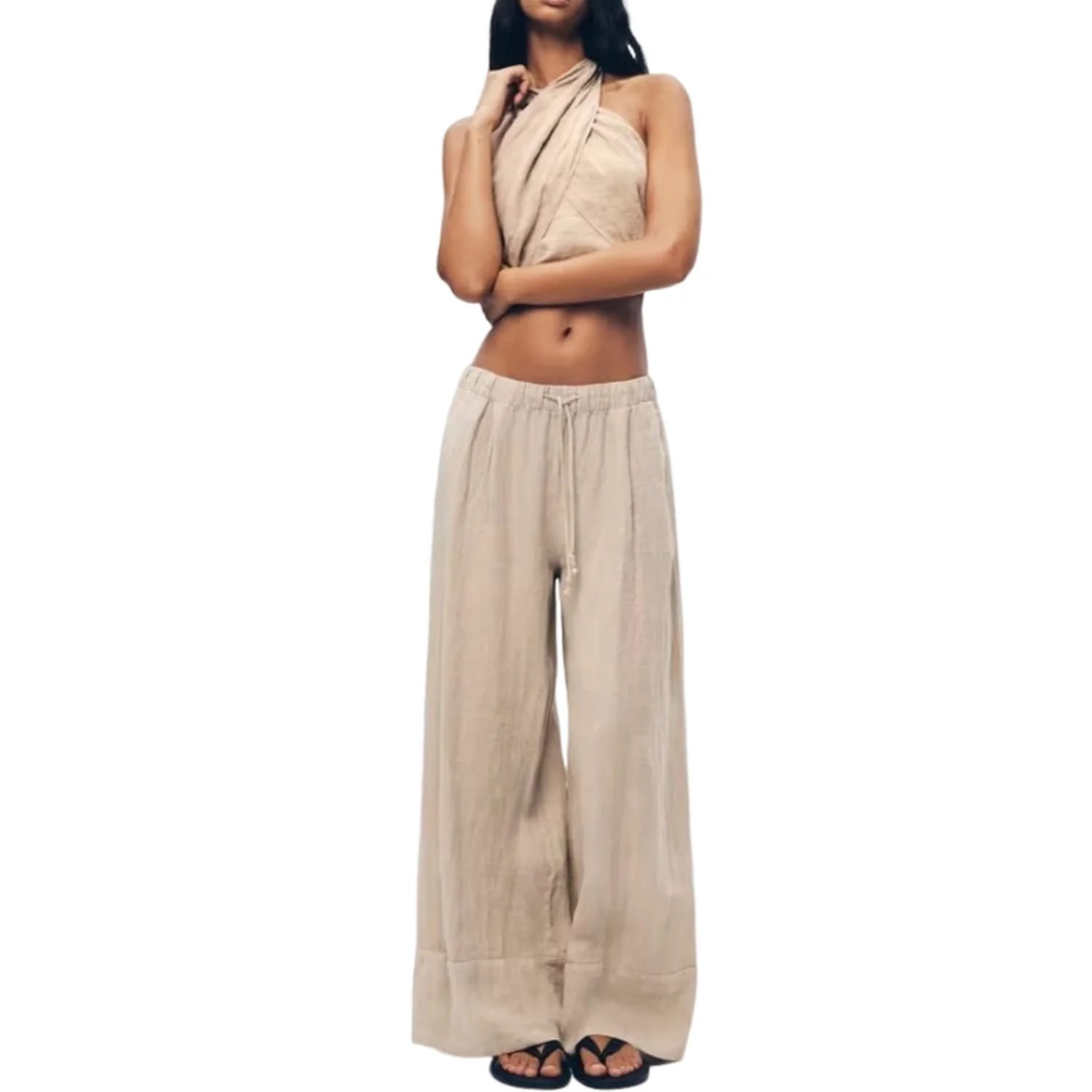 Women\'s Blended Linen Top Hanging Neck Open Back Lace up Elastic High Waist Wide Leg Pants Set New