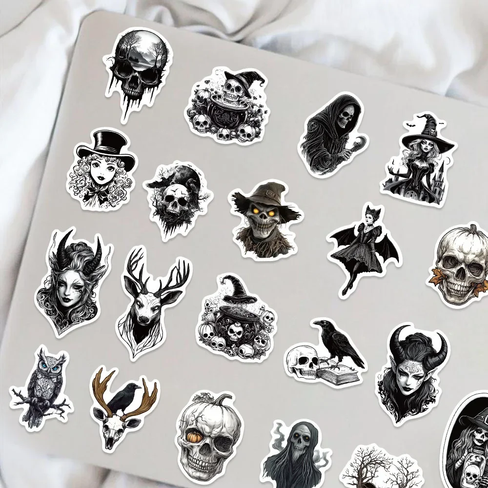 50 Pcs Cartoon Black & White Skeleton Graffiti Stickers Decorate Guitar Notebook Luggage DIY Waterproof Stickers For Gifts