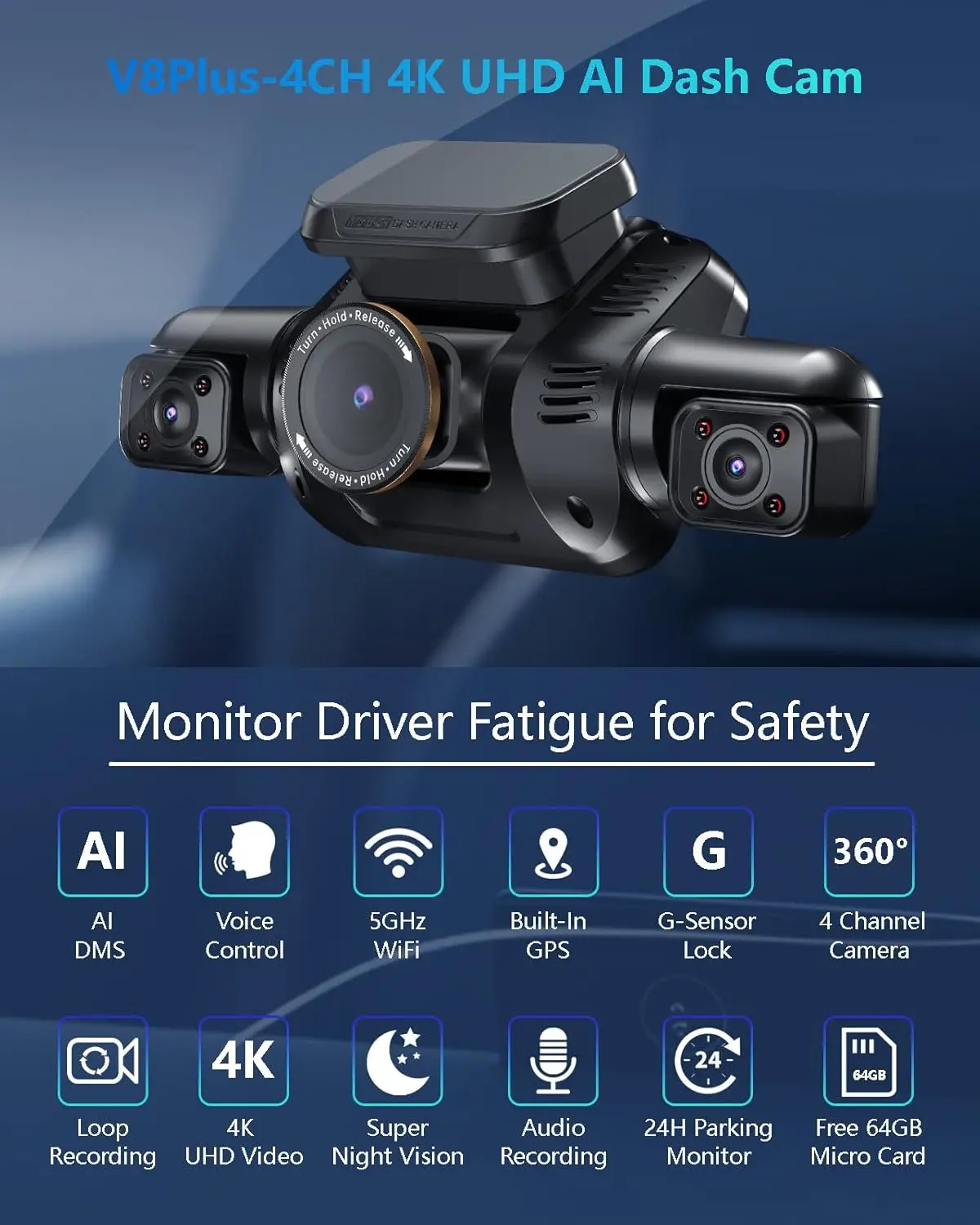 4 Channel Dash Cam with Driver Monitor System, 360° 4K Car Camera, Front Rear and Inside Recording, WiFi, GPS, Night Vision, 24H Parking Mode, Includes 64GB SD Card view 3
