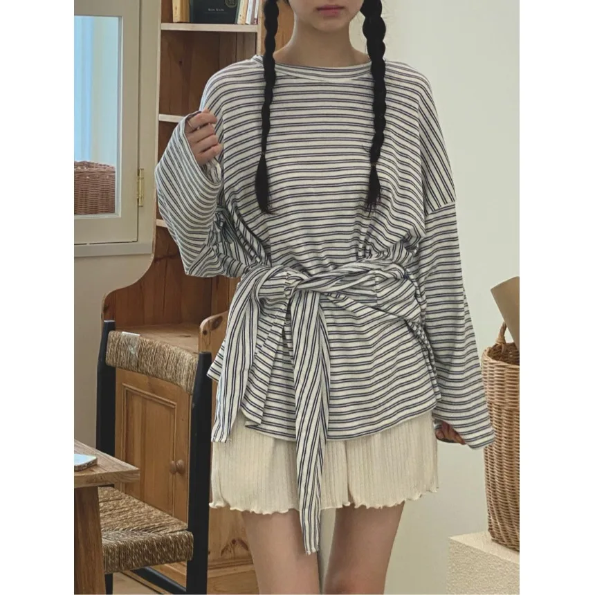 Loose Striped T-Shirt with Waist-Cinching Belt Casual Style Long Sleeve Women's Fashion Autumn Wear Comfortable Fit Batwing S...