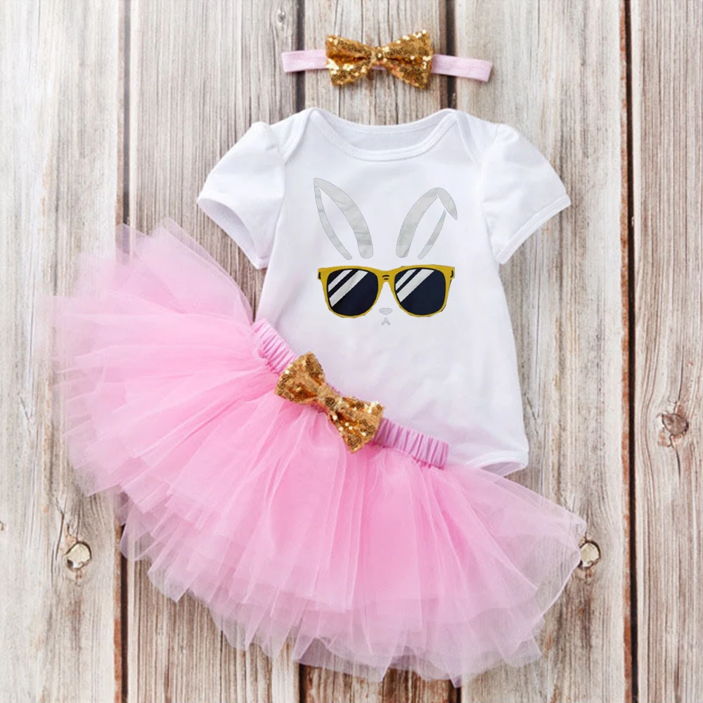 Cute Easter Shirt New Born Baby Girl Clothes Bunny Ear T Shirt Sunglasses Baby Clothes Set Newborn Funny Bodysuit