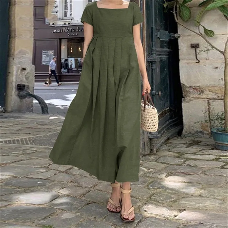 

Summer Fashion Pleated Dress Loose Casual Short Sleeve Square Collar A-line Long Dresses Boho Beach Party Dress Folds Vestidos