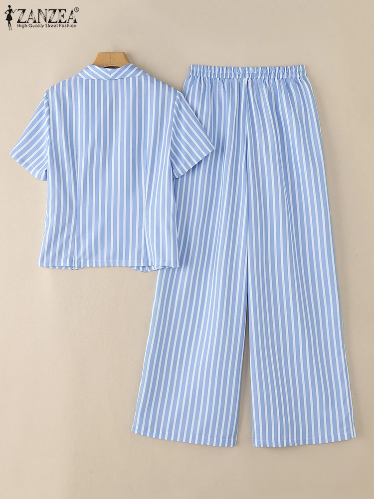 ZANZEA Womens Elegant Office 2 Pieces Sets Shawl Collar Short Sleeve Shirts Wide Leg Pants 2pcs Outfit Suits Striped Pant Sets
