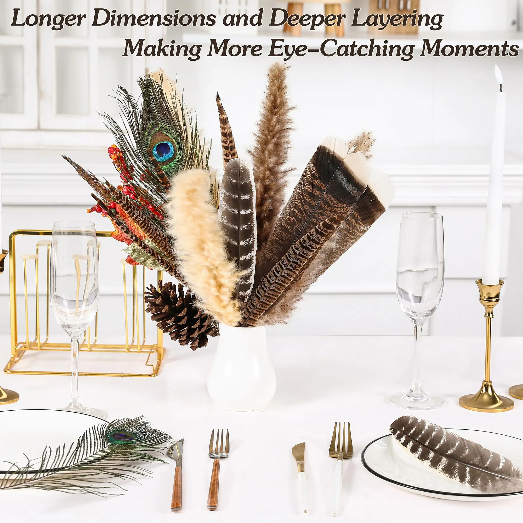 24 قطعة ريش حرفي طبيعي مختلط 4 أنماط ريش الدراج الكبير ريش الطاووس ريش تركيا لتزيين قبعة المزهرية