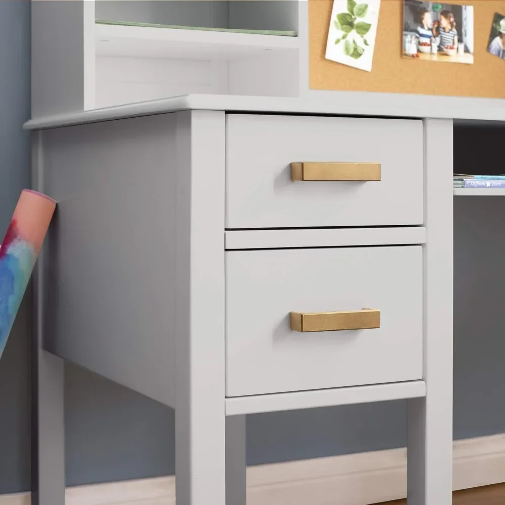 Taiga Desk, Hutch and Chair - Gray: Kids Wooden Computer Study Desk Set with Storage Shelves, Corkboard