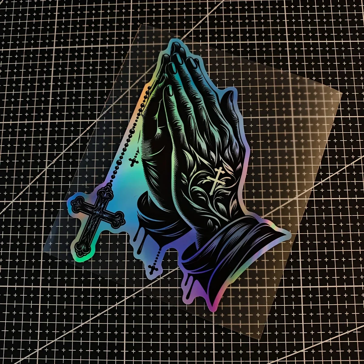 1pc holográfico "manos orando e cruz" adesivo para carro motocicleta temático religioso decoração estilo acessório