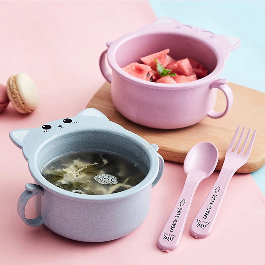 

Wheat Straw Cat Design Small Bowl With Handle For Kids Environmentally Friendly Microwave Dishwasher Safe Blue