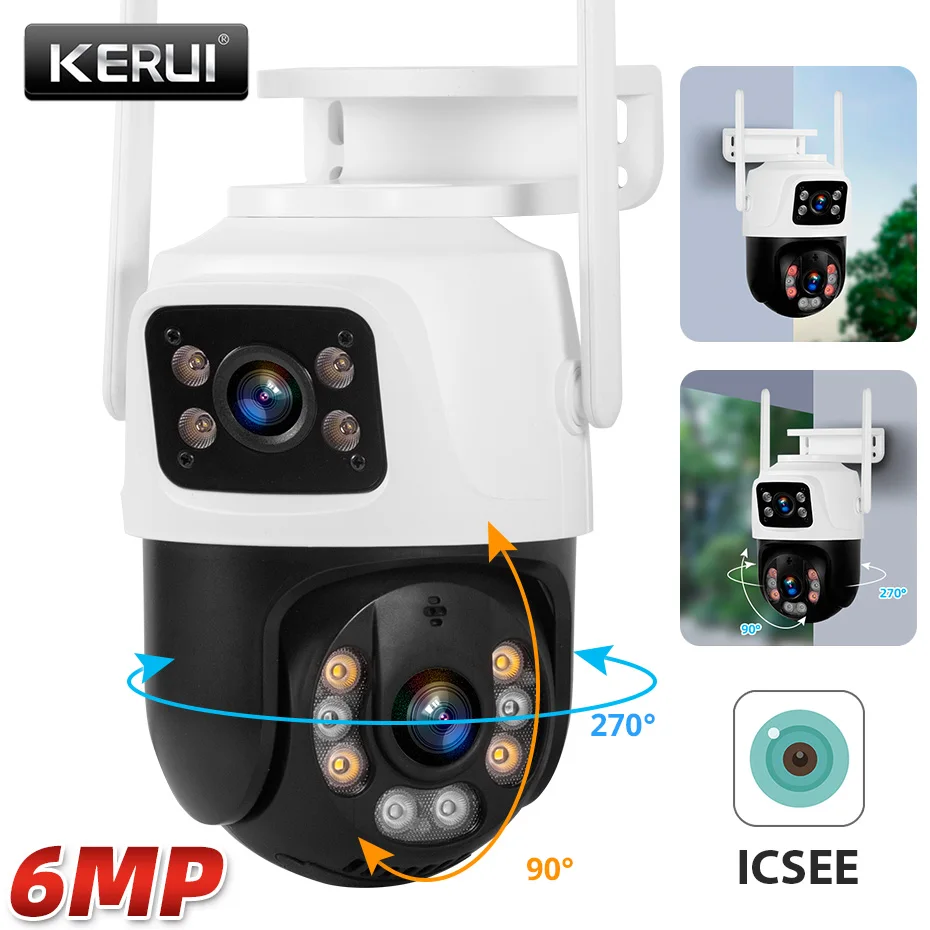 KERUI 6MP WIFI IP Camera Outdoor PTZ Dual Lens Dual Screen Auto Tracking Waterproof Security Surveillance Police Light Alarm