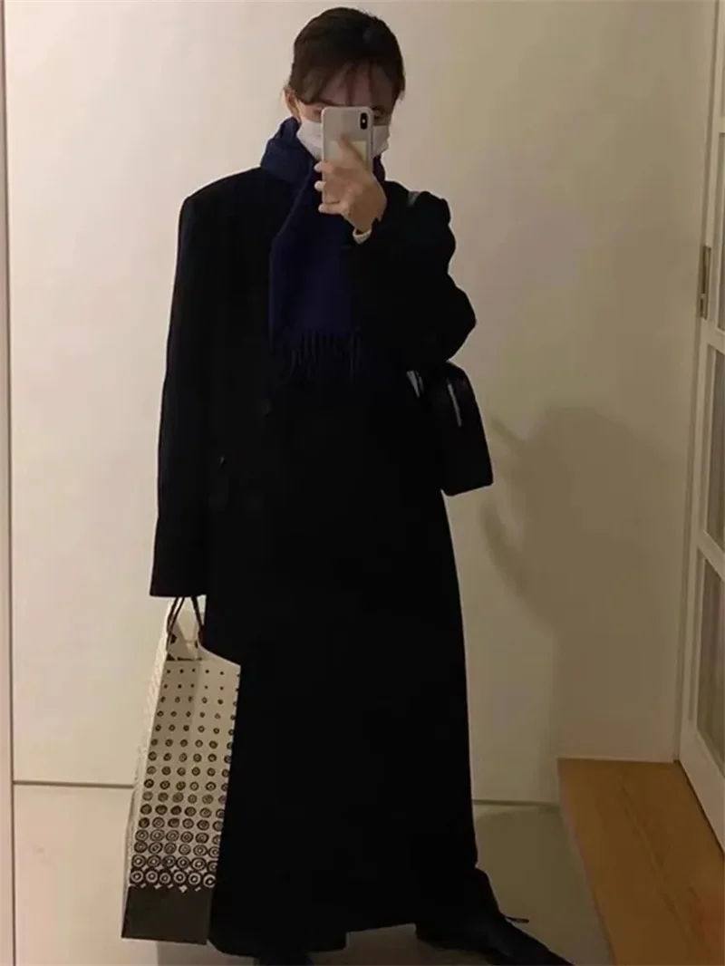 Double Sided Woolen Overcoat Women Long 2025 Winter Fashion High End Long Loose Lacing Belt Black Wool Coat