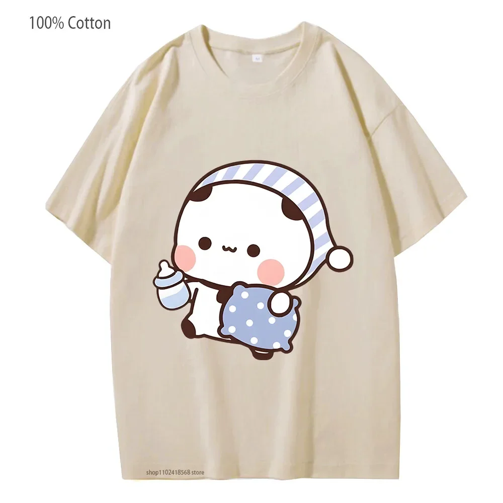 Couple Shirts Kawaii Cute BuBu Panda Going To Sleep with DuDu Bear Graphic Tshirt 100% Cotton Men Women Clothes Long Sleeve Tees