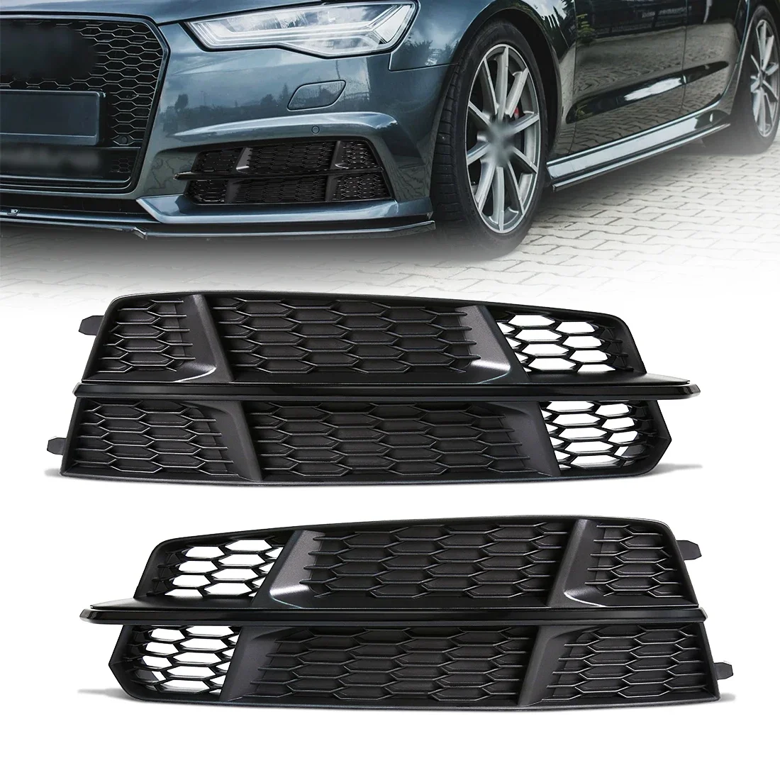 

2pcs Car Front Bumper Light Cover For Audi A6 C7 A6L S-Line 2015 2016 2017 2018 Fog Lamp Honeycomb Hex Grill 4G0807681AN