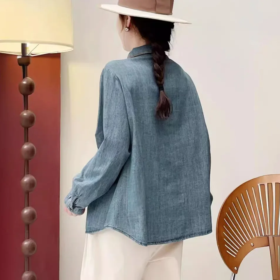 New Summer Embroidered Washed Denim Shirt Woman Lapel Long Sleeve Tops Girl Casual Loose Literature Blouses 2024 Autumn T47603QM