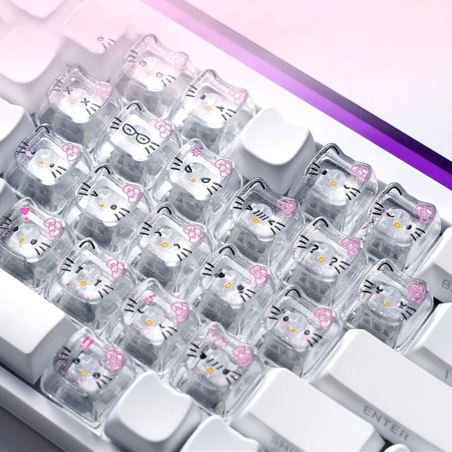 Cute Cat Mechanical Keyboard Keychain, Cat Glitter Pattern Keycap, PC, MAO Cap, 21 Key DIY Replacement Cap