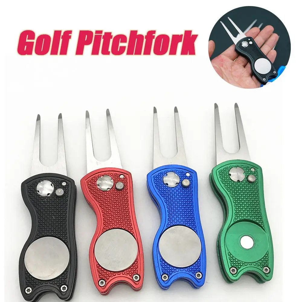 1Pcs Stainless Steel Golf Divot Repair Switchblade Tool Pitch Groove Cleaner Magnetic Golf Pitchfork Putting Fork Golf Training