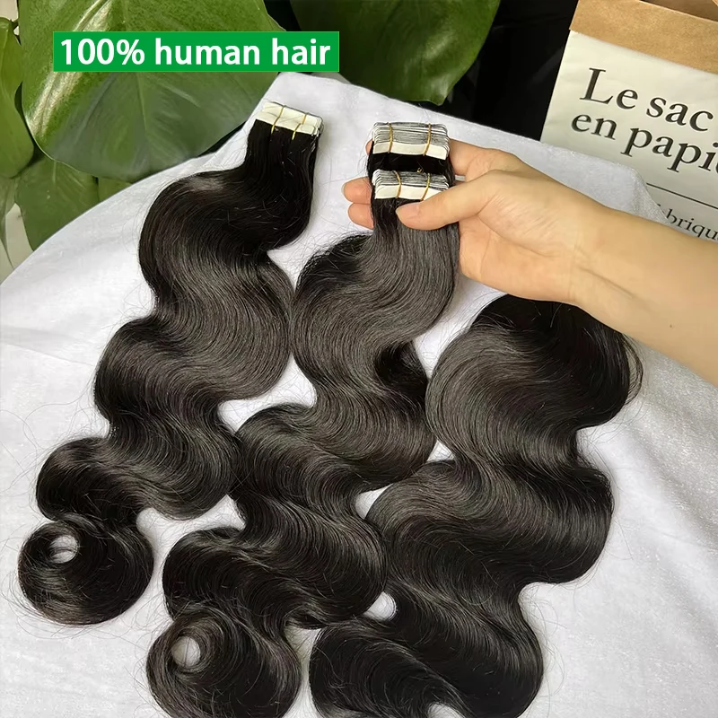 

Лента из искусственной кожи в человеческих волос, волнистые волнистые наращивания для чернокожих женщин, 100% настоящие человеческие волосы Remy, клей для утка кожи, натуральный черный