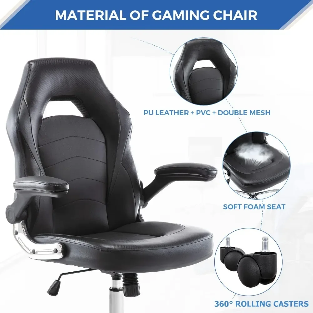 PU Leather Office Flip Braços e Mesa Ajustável em Altura, Home Games, Cadeira de Costura Ergonômica com Apoio Lombar