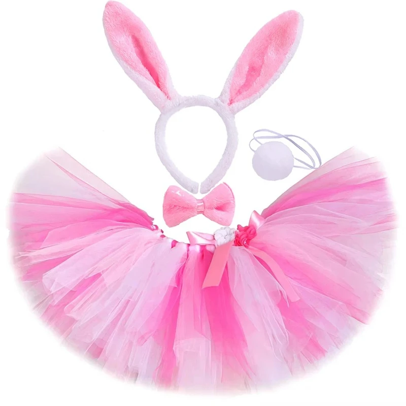 Baby Girls White Pink Bunny Dresses for Girls Easter Holiday Costumes Children Animal Rabbit Outfit with Ears Bowtie Tail Set view 2