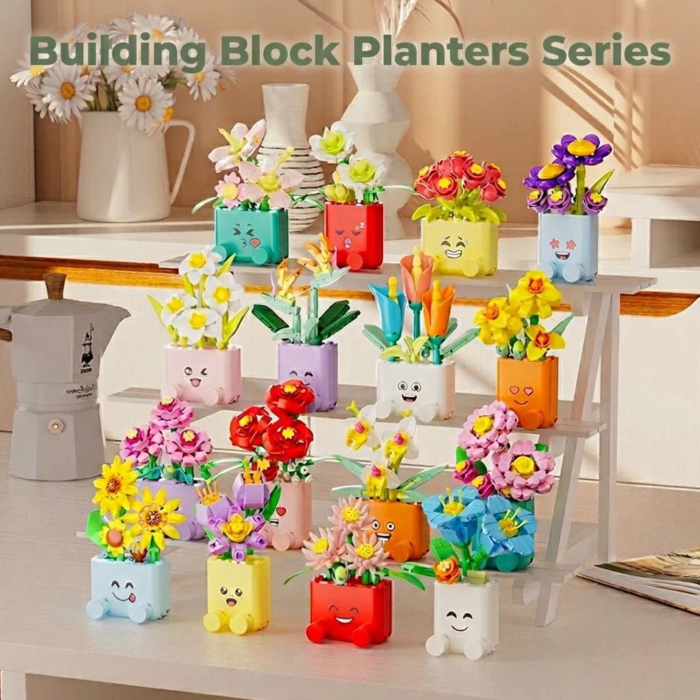 Creative Emoticons Potted Plants Building Blocks Toy Model Sunflowers Roses Flower Botanical Bricks Assemble Ornament Kid Gift view 3